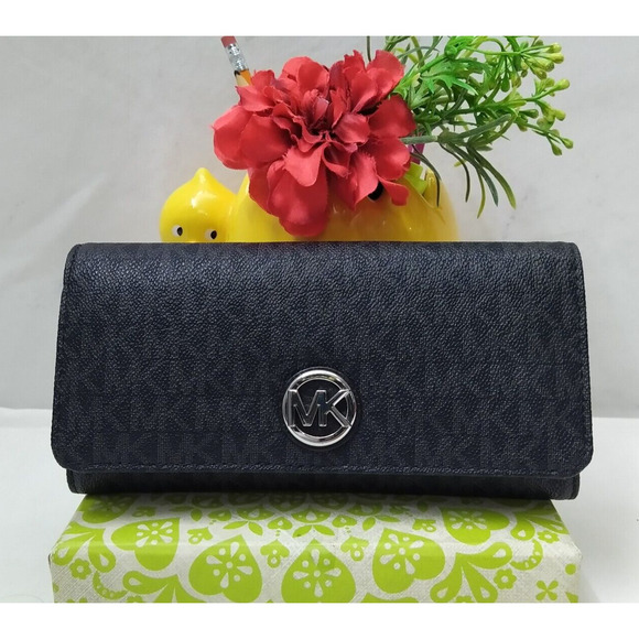 Michael Kors Black Leather MK Printed Round Logo Credit Card Bifold Wallet - Picture 1 of 16